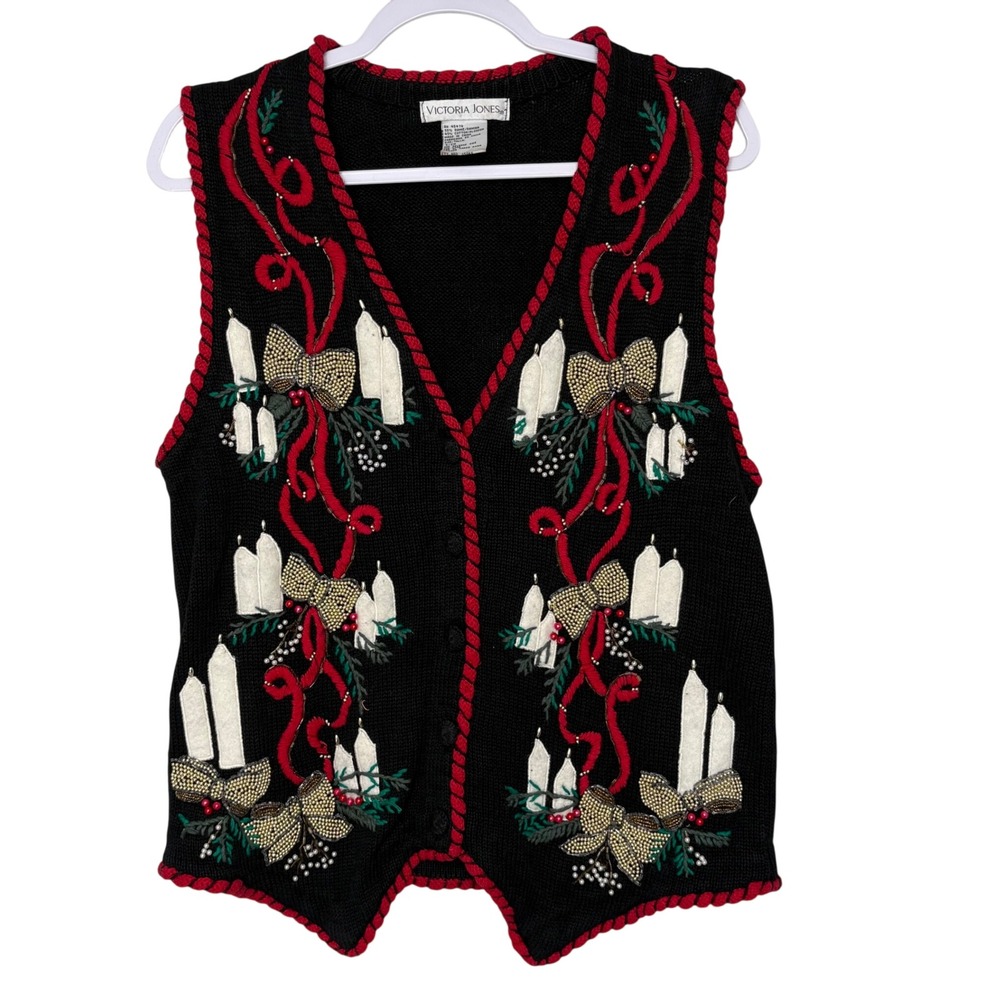 Victoria Jones Vtg 90s Ugly Christmas Sweater Vest S Beaded Flaw Loose Yarn AsIs